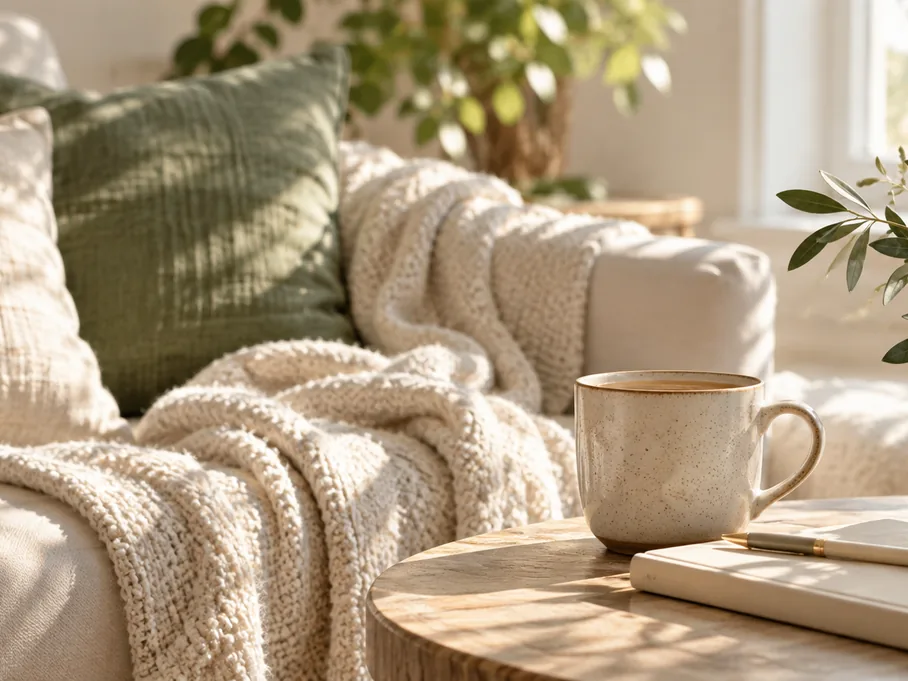 A sunlit living room with a knit throw, a mug of coffee and a notebook on a wooden table