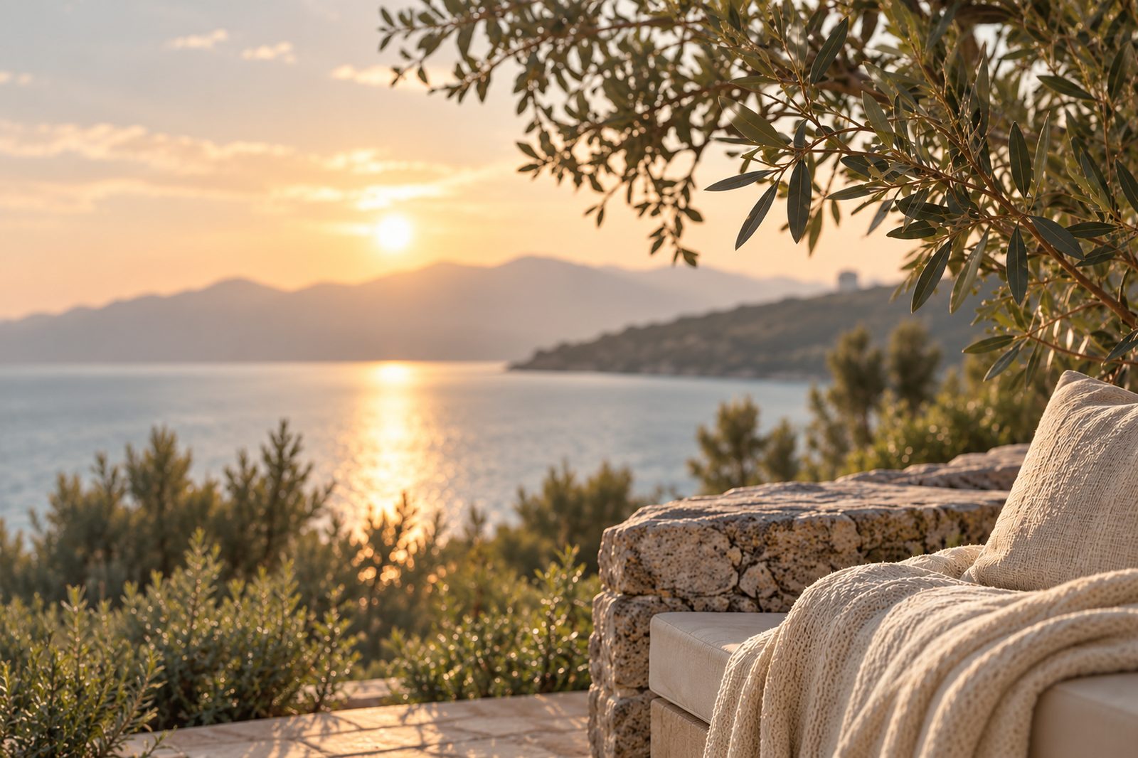 Olive branches over a calm sea at sunrise, with a stone bench and a linen throw